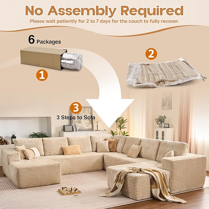 Cloud Sectional Couches for Living Room,G Shaped Modular Sofas No Assembly,135x133 Inches Plush Corduroy Oversized Floor Couch Set with Deep Seat Chaise,Beige