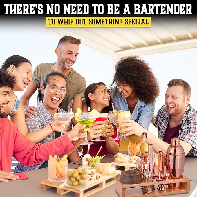 Bartender Kit with Whiskey Smoker - 13 pcs, Bamboo Stand - Bar Set with Cocktail Shaker, Bartending Kit with Essential Bar Accessory Tools, Wood Chips, Pink Gold