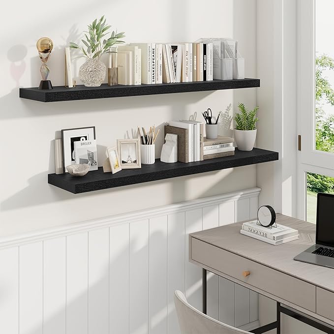 Fun Memories 48 Inch Deep Floating Shelves for Wall, 2 Pack of Long Wall Mounted Wood Shelves with Invisible Brackets for Bathroom, Bedroom, Living Room, Kitchen Decor and Storage, Black