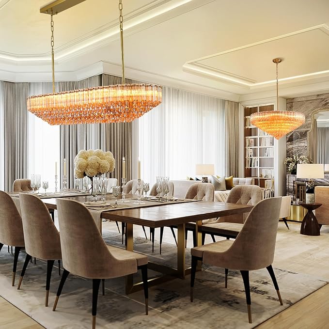 Amber Glass Chandeliers for Dining Room Over Table, 43" Modern Rectangular Dining room Chandelier, Honeycomb Layered Crystal Kitchen Island Long Chandelier Gold Dimmable Ceiling Light for Kitchen