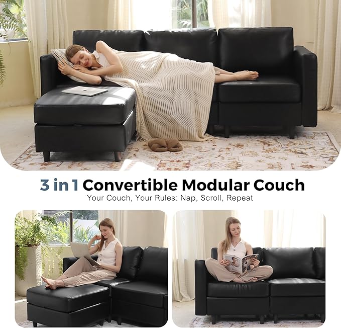 ABCASA Oversized 172.5" Faux Leather Modular Sectional Sofa, Modern Large 11 Seater U Shaped Couch with Storage Seat with Reversible Chaise Deep Seat for Living Room DIY Combination - Black