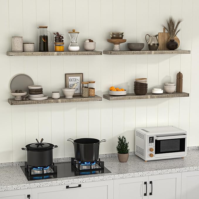Fun Memories Floating Shelves for Wall Dec, 55"x8" Rustic Reclaimed Wood Shelves, Heavy-Duty Wall Mounted Shelves with Invisible Brackets for Living Room, Bedroom, Kitchen, Grey Finish