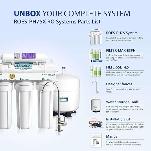 APEC Water Systems ROES-PH75 Essence Series Top Tier Alkaline Mineral pH+ 75 GPD 6-Stage Certified Ultra Safe Reverse Osmosis Drinking Water Filter System with Extra High Capacity Filter Set Stage 1-3