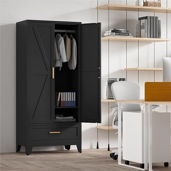 71'' Black Farmhouse Metal Wardrobe Cabinet with Hanging Rod, 2 Barn Door Wardrobe Closet with Adjustable Shelves,Drawer,for Dining Room,Bedroom,Living Room, Cloak Room,Office