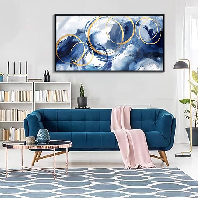 Framed Abstract Wall Art Blue Modern Art Wall Decor Artwork For Living Room Huge Wall Canvas Office Pictures For Navy Gold Modern Decorations For Bedroom Size 24x48in