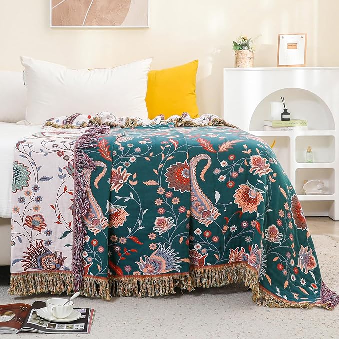 Boho Large Cotton Throw Blanket 80''x90'',Ultra Soft Rustic Quilt,Sofa Throw Cover with Tassels,Farmhouse Lightweight Knitted Throw for Bed,Travel,Couch,Home Decor
