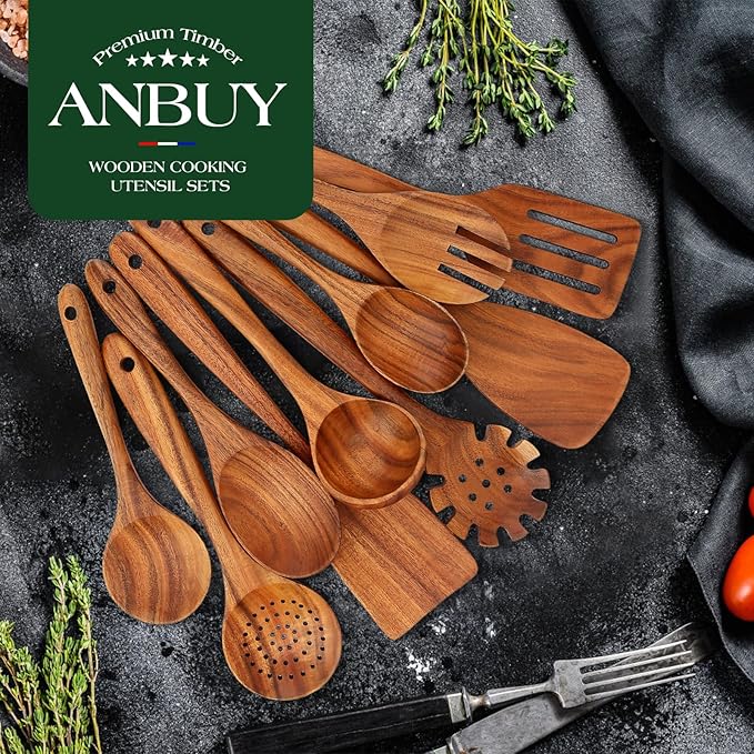 ANBUY Teak Wood Kitchen Utensils Set, Heat Resistant Wooden Spoons for Cooking, 10 Pcs Cooking Utensils Set Wooden, Wood Utensils Set for Cooking Food