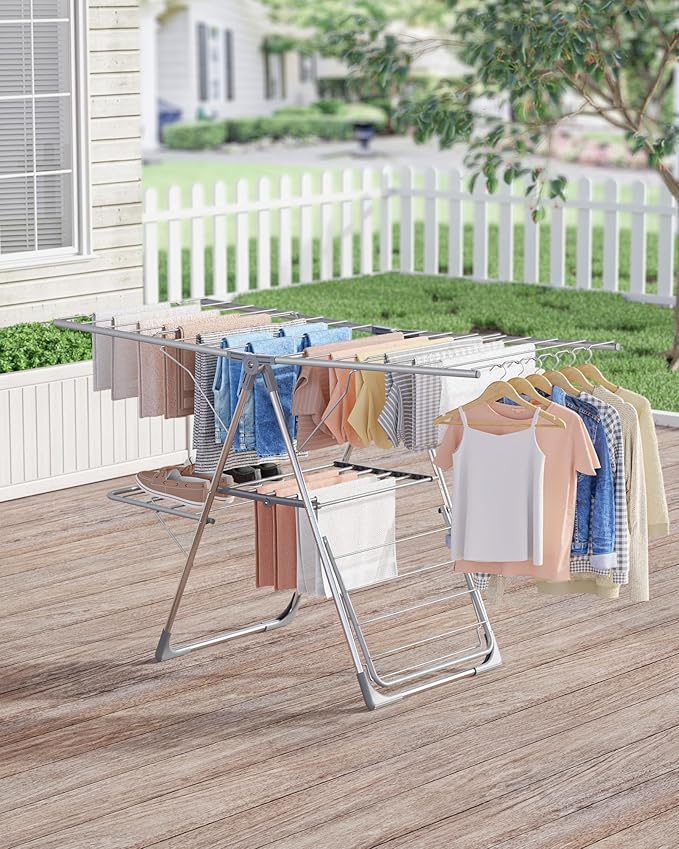 Clothes Drying Rack - Foldable Laundry Drying Rack for Clothing & Bedding, Easy-to-Assemble, Space-Saving Metal Airer with Non-Slip Feet, Indoor & Outdoor Use, 55.5"×22.8"×36.6", Gray
