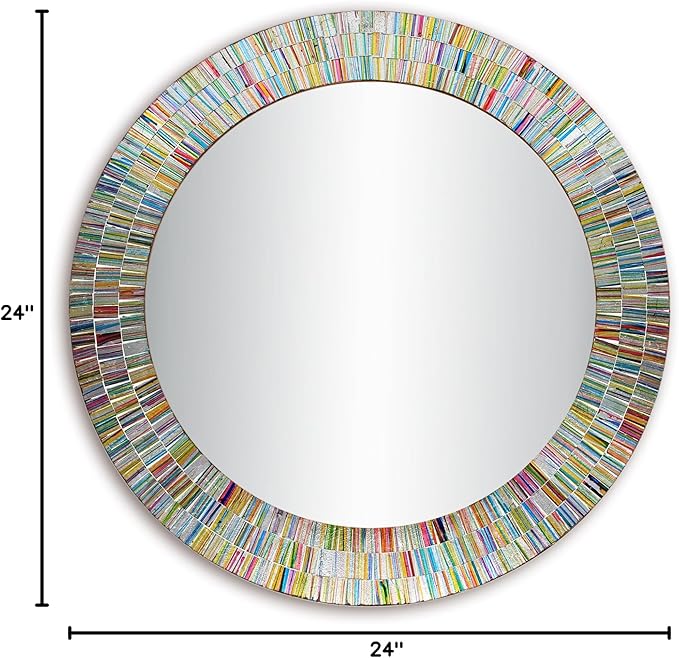 Bohemian Rainbow Wall Mirror -Glass Mosaic Mirror Decorative Wall Mirror, Multi Color Spectrum Wall Mountable, 24" Multi-Color Round Framed Mirror
