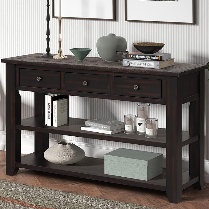 Solid Wood Console Table,Sofa Table with Storage Drawers and Bottom Shelf,Entryway Table for Entry Hallway Foyer,Fully Assembled (48.8" Distressed Black)