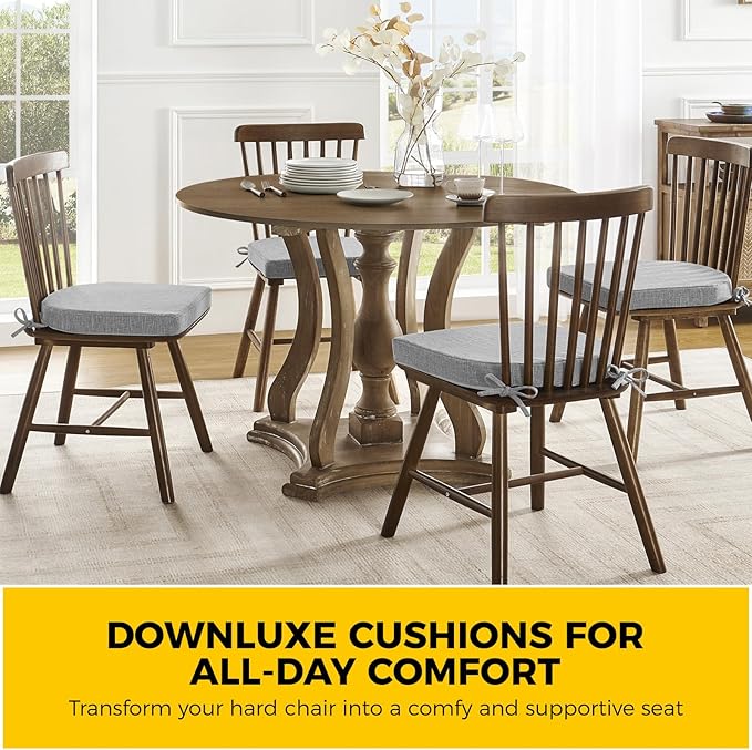 downluxe Indoor Chair Cushions for Dining Chairs, Soft and Comfortable Textured Foam Kitchen Chair Pads with Ties and Non-Slip Backing, 16" x 16" x 2", Light Grey, 4 Pack