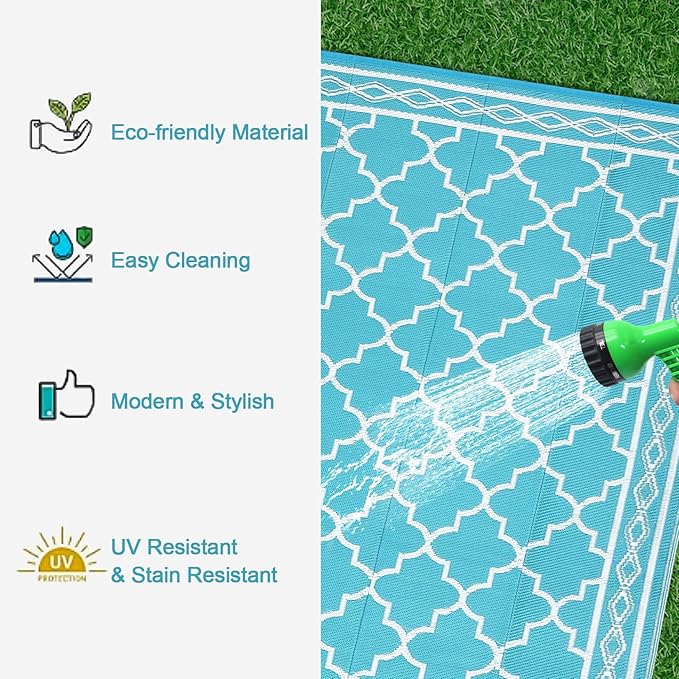 GAOMON Reversible Outdoor Rug 9'x18' Waterproof Plastic Straw Rug, Patio Rug, Large Modern Area Rug Carpet, Indoor Outdoor Rugs for Camping, Porch, Deck, Balcony, Backyard, Teal/White(Geometric)