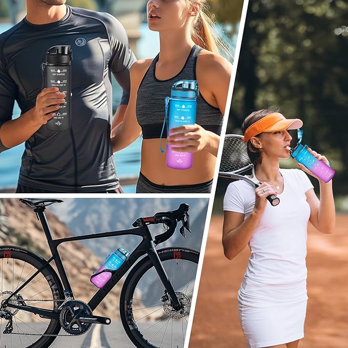 Enerbone Water Bottle, Leakproof BPA & Toxic Free, Motivational Water Bottle with Times to Drink and Straw, Fitness Sports Water Bottle with Strap for Office, Gym, Outdoor Sports