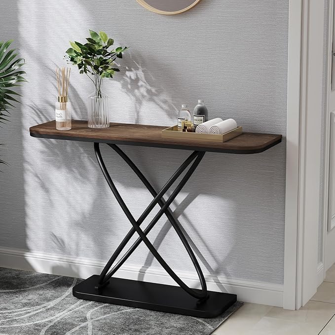 BECHAEO Farmhouse Narrow Console Table for Living Room, 47.4" Rustic Narrow Entryway Table, Sofa Tables Behind The Couch, Industrial Wooden Accent Tables for Hallway, Foyer Walnut