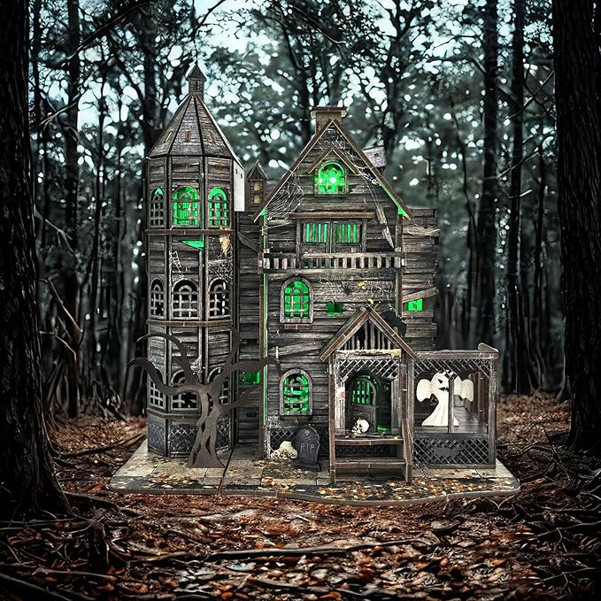 DIY Mini House Kit, Miniature Haunted House Kits with LED Accessories Furniture, 3D Wooden Puzzles for Adults, Dollhouse Craft Gifts for Girls, Boys, Teens