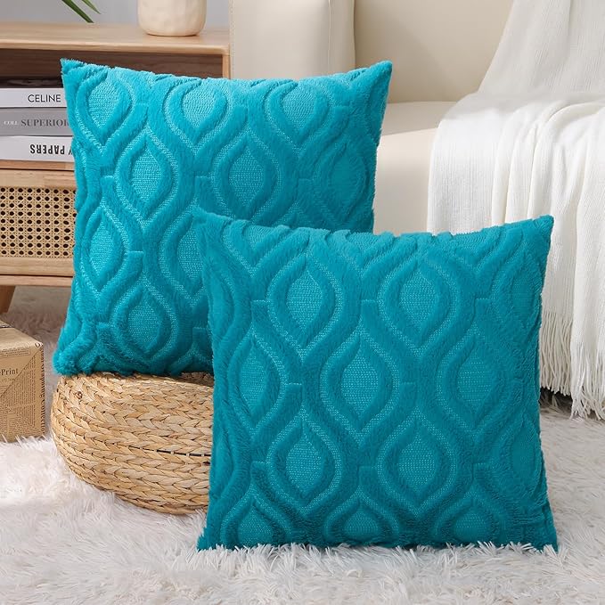 decorUhome Fall Throw Pillow Covers 12x20 Inch Set of 2, Soft Plush Decorative Faux Fur Teal Solid Couch Pillow Covers, Accent Farmhouse Neutral Lumbar Euro Pillow Cases for Sofa Bed Living Room