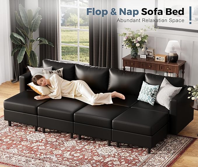 118.5" Luxury Modular Sleeper Sofa Bed with Storage Seat, 8 Seat Sectional Couch Deep Seat with Reversible Chaises & Removable Cover - Black Faux Leather