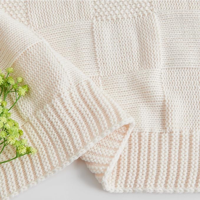 CozeCube Check Knit Throw Blanket, Cream White Checkered Throw for Couch, Decorative Christmas Soft Cozy Warm Knitted Blanket for Bed Sofa Living Room, 60"X80"