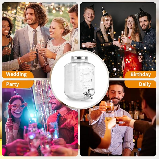 DD&HAPP Glass Beverage Dispenser With Stainless Steel Spigot,1.2 Gallon Mason Jar Drink Dispenser,Sun Tea,Lemonade & Juice Dispenser for Parties, Weddings & Events.Leak-Proof, Infuser Included.