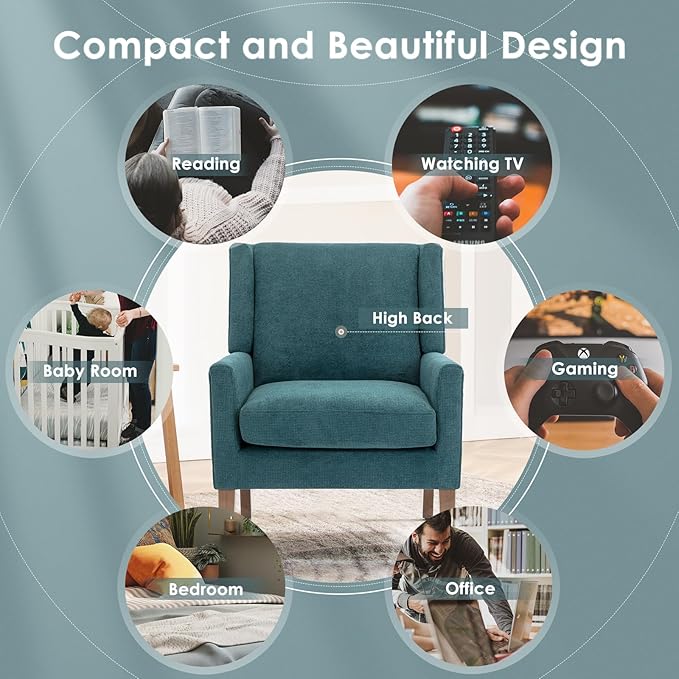 COLAMY Modern Wingback Living Room Chair, Upholstered Fabric Accent Armchair, Single Sofa Chair with Lounge Seat and Wood Legs for Bedroom/Office/Reading Spaces, Teal