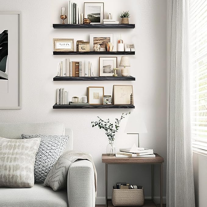 Floating Wall Shelves 4-Pack - Rustic Black 16-inch Wooden Wall Shelves for Storage and Décor, Multi-Functional and Easy to Install for Living Room, Bedroom, and Kitchen