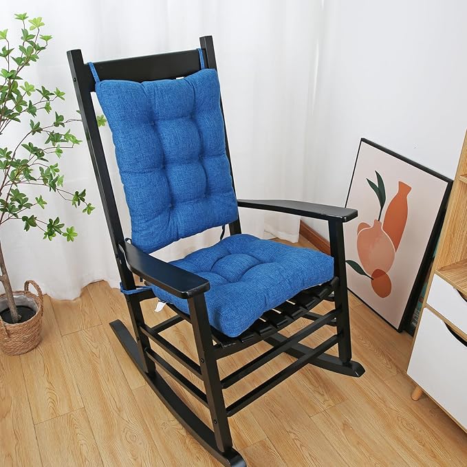 BUYUE Chair Cushion Set for Rocking Chair, Back Pillow & Seat Cushion with Ties, Original Woven Fabric Non-Slip Chair Pads for Elderly Sitting, Blue