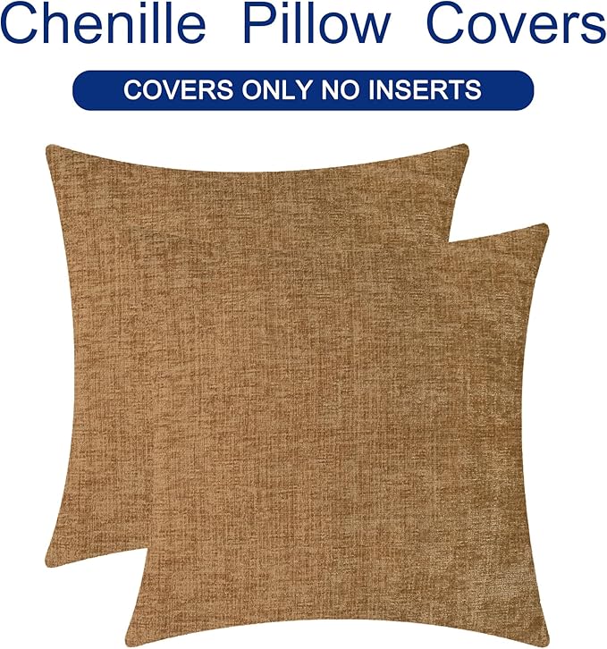 CaliTime Throw Pillow Covers Decorative 24 X 24 Inches Pack of 2 Cozy Chenille Cushion Cases for Couch Sofa Bed Living Room Home Apricot Brown