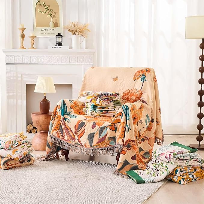 Boho Throw Blanket for Bed, 100% Cotton Soft Rustic Quilt Fall Blanket, 50"x60" Colorful Floral Printed Farmhouse Decor Bed Blankets, All Season Rustic Reversible Bohemian Throw Quilt