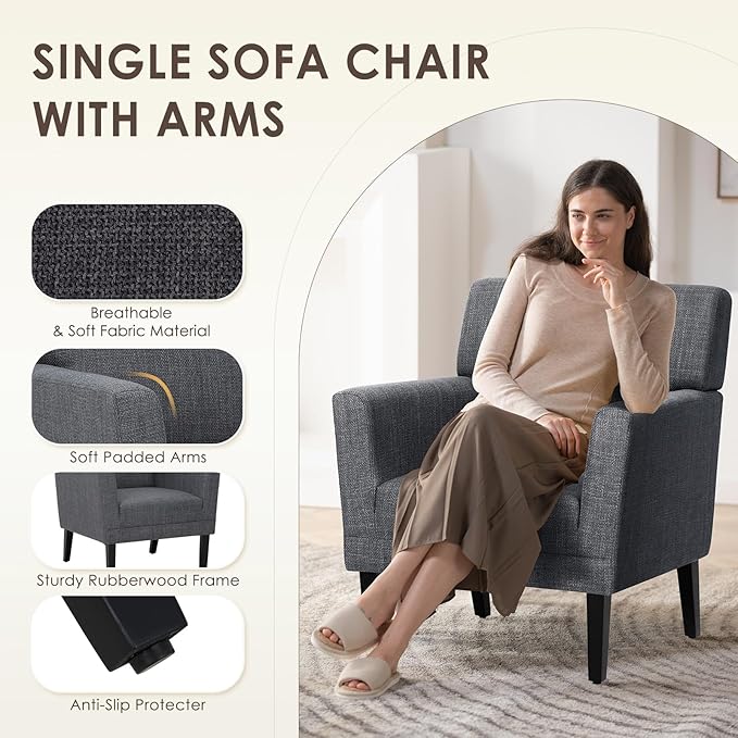 COLAMY Modern Accent Chair for Living Room, Upholstered Fabric Accent Armchair with Back, Soft Single Sofa Chair with Arms for Bedroom/Office/Reception Room, Dark Grey