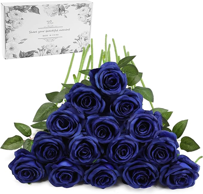Blue Fake Roses Artificial Flowers - 16 Pcs Fake Artificial Roses Silk Flowers with Stems for Home Wedding Hotel Office Centerpiece Decor(Navy Blue)
