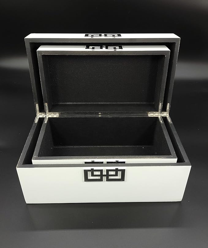 Galt International Storage Box Set Decorative Storage Box w/Hinged Lid Classic Design Wood Decor Boxes with Geometric Clasp Storage for Bedroom & Home - Set of 2 (White & Silver)