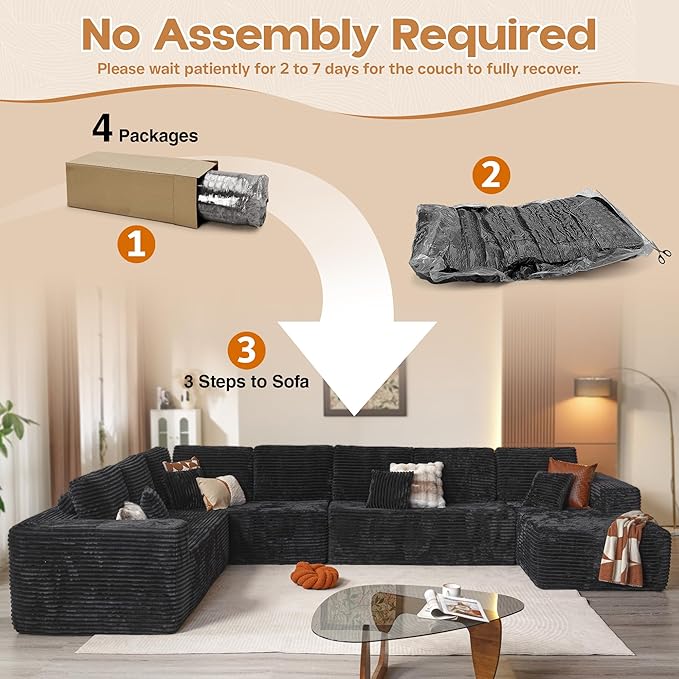 Cloud Sectional Couches for Living Room,U Shaped Modular Sofas No Assembly,165x107 Inches Plush Corduroy Oversized Floor Couch Set with Deep Seat Chaise,Black