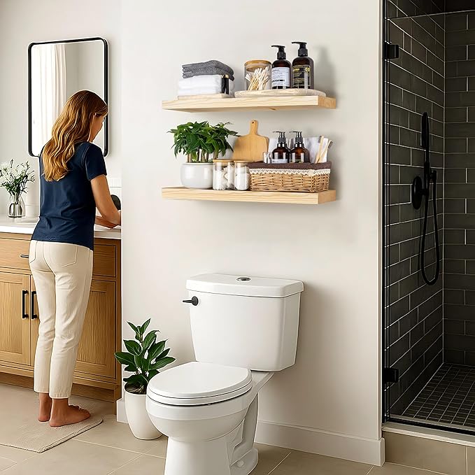 BGMG Wood Floating Shelves 24 inch, Wide Rustic Wooden Wall Shelves for Bathroom Living Room Bedroom Kitchen Farmhouse Set of 2-24x 6.7 x1.25 inch- DIY-Unfinished