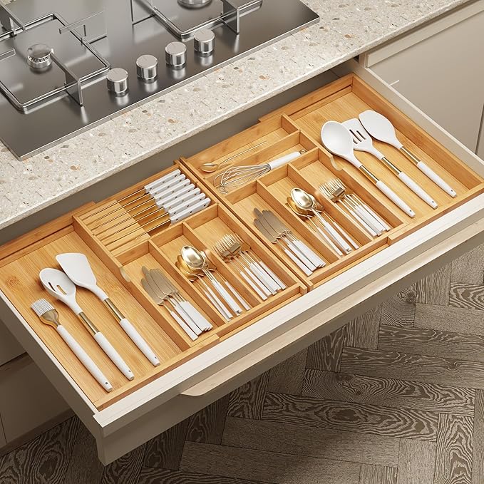 BAMEOS Expandable Silverware Drawer Organizer with Removable Knife Blocks, Bamboo Kitchen Utensil Holder from 21" to 36", Large Cutlery Tray with Divider for Forks, Spoons, Knives
