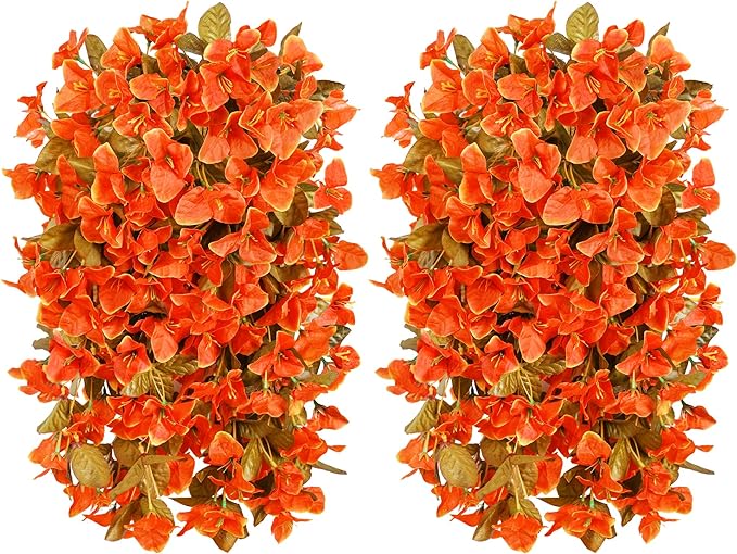 Bougainvillea Artificial Flowers Plants for Outdoors Outside Fall Autumn Decor, 2 pcs Faux Silk Long Trailing Vines UV Resistant Look Real Orange Fake Flowers for Front Door Porch Planter Urn Patio