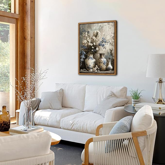 Floating Framed Farmhouse Floral Canvas Wall Art, Vintage Blue and White Flower Pictures Wall Decor, Elegant Art Jar Posters Print for Living Room Bedroom Bathroom Rustic Decor 16x24 inch