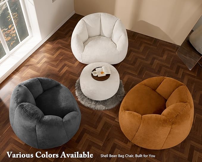 Giant Bean Bag Chaise Lounge Indoor Chair for Adults - Comfy Plush Round Shell Soft Accent Chair, Oversized Cozy Floor Sofa for Living Room, Bedroom & Game Rooms, Beige