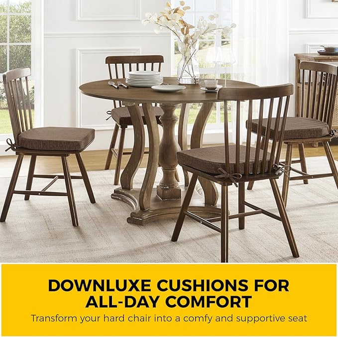downluxe Indoor Chair Cushions for Dining Chairs, Soft and Comfortable Textured Foam Kitchen Chair Pads with Ties and Non-Slip Backing, 16" x 16" x 2", Brown, 2 Pack