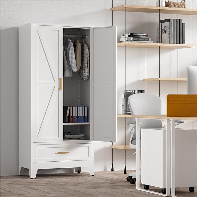 71'' Farmhouse Metal Wardrobe Cabinet with Hanging Rod, 2 Barn Door Wardrobe Closet with Adjustable Shelves,Drawer,for Dining Room,Bedroom,Living Room, Cloak Room,Office (White)