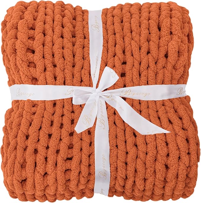Bigacogo Chunky Knit Throw Blanket for Couch, 51x63 inches, 100% Hand Knitted with Thick Jumbo Chenille Yarn, Cozy Soft Large Rope Knot Cable Crochet Blankets for Sofa Bed Living Room, Terracotta
