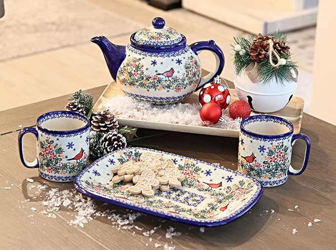 Blue Rose Polish Pottery Winter Cardinal Medium Rectangular Serving Platter