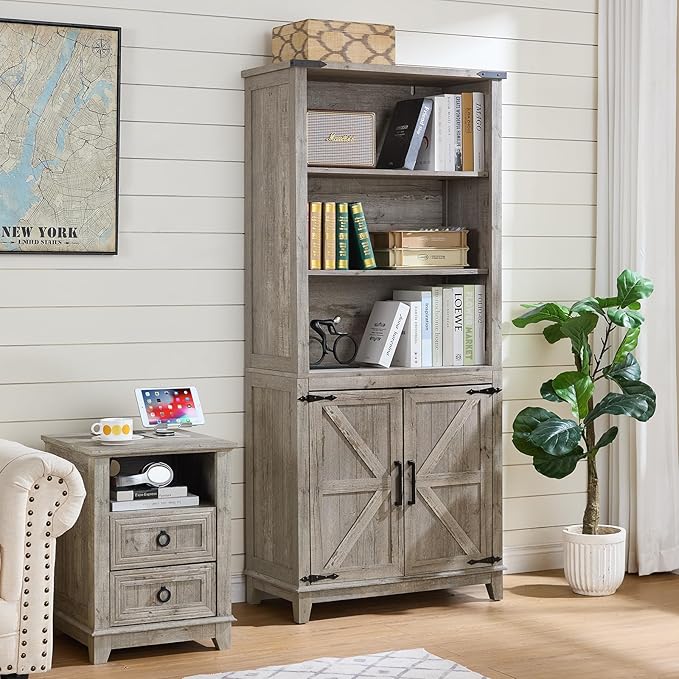 70in Tall Bookshelf 5 Tier Bookcase with Barn Doors and Adjustable Shelves, Grey Farmhouse Book Shelf with Storage Cabinet, Wood Freestanding Display Bookshelves for Bedroom, Kitchen (2PCS)