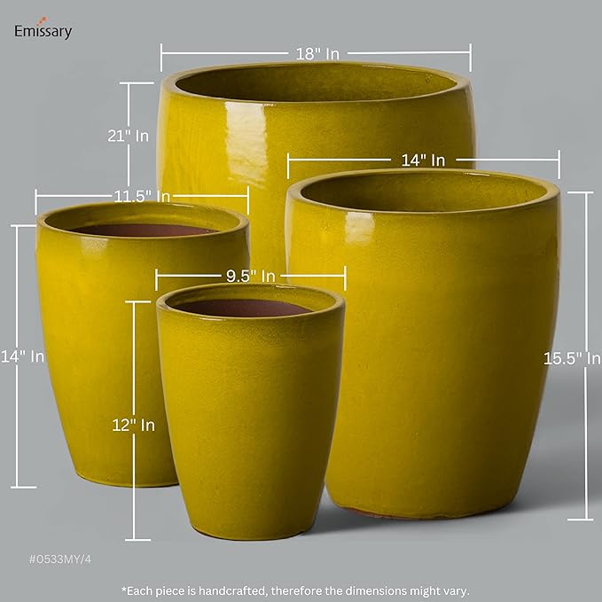 Emissary Bullet 18 in. Mustard Yellow Ceramic Round Planter (18 in. L x 18 in. W x 21 in. H) with Drainage Hole