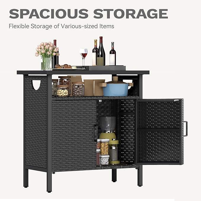 DWVO Patio Storage Cabinet, Outdoor Buffet Cabinet with Two Doors and Shelves, Outdoor Storage Bar Table with PE Rattan for Patio, Backyard, Garden - Black