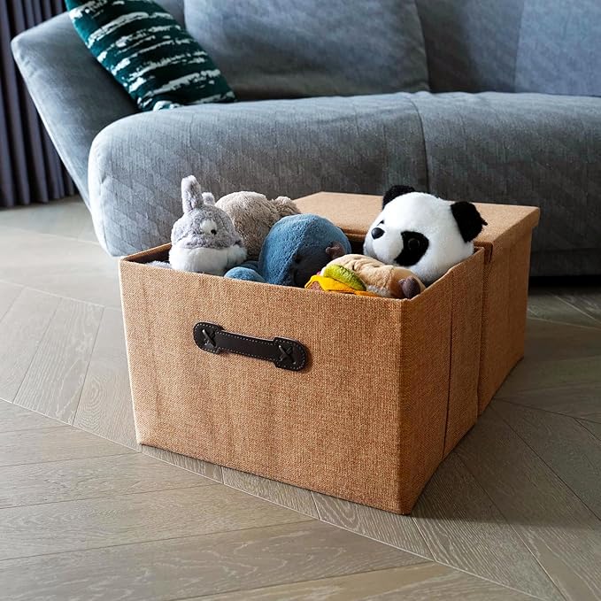 Enzk&Unity Decorative Storage Bins with Lids, Fabric Linen Foldable Storage Box with Handle Home Organizer for Shelf, Closet, Bedroom, Living Room, Office, 3 Packs, Brown