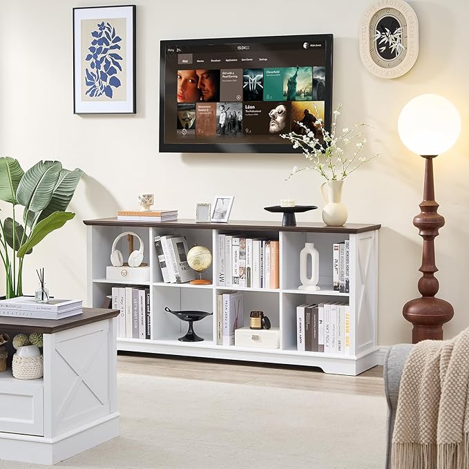 Farmhouse 8 Cube Bookshelf, White Storage Organizer Bookcase, Kids Toy Storage Cabinet, Long Bookshelves Storage Organizer Shelf, Wood Display Cabinet Book Shelves for Bedroom,Living Room,Office