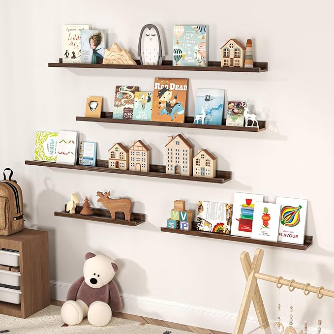 Floating Shelves for Wall, Picture Ledge Shelf 24 Inch Solid Wood Set of 2, Rustic Wall Shelves with Lip, Kids Bookshelf, Photo & Picture Live Edge Floating Shelves for Bedroom, Living Room, Kitchen