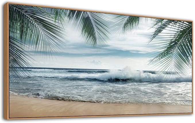 Framed Tropical Beach Wall Art - Ocean Waves Canvas Pictures Coastal Blue Sky and Sea Print Seaside Palm Tree Leaves Scene Painting Artwork Living Room Bedroom Office Home Decor 29" x 58"