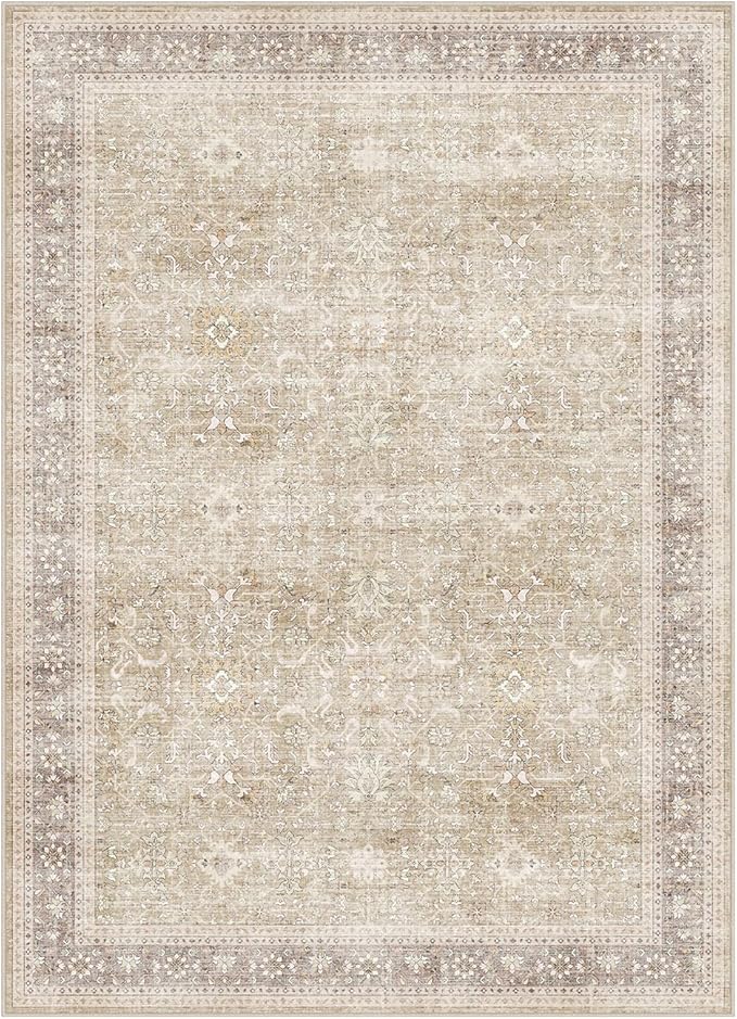 DCX Machine Washable Brown and Beige Area Rug 5x7, Non Slip Stain Resistant Vintage Rug for Living Room Diningroom Bedroom Nursery, Soft Low Pile Large Carpet