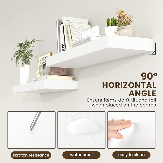 Deep Floating Shelves for Wall | 36 Inch Wide x 12 Inch Deep White Floating Shelves | 36W x 12D Rustic Wood Wide Wall Shelves | Bookshelf Laundry Shelf TV Shelf